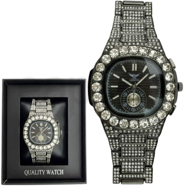 Men's NY London Round Diamond Metal Bracelet Watch - Gun