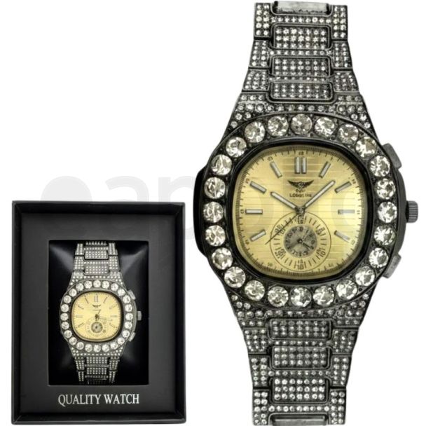 Men's NY London Round Diamond Metal Bracelet Watch - Gun/Gold