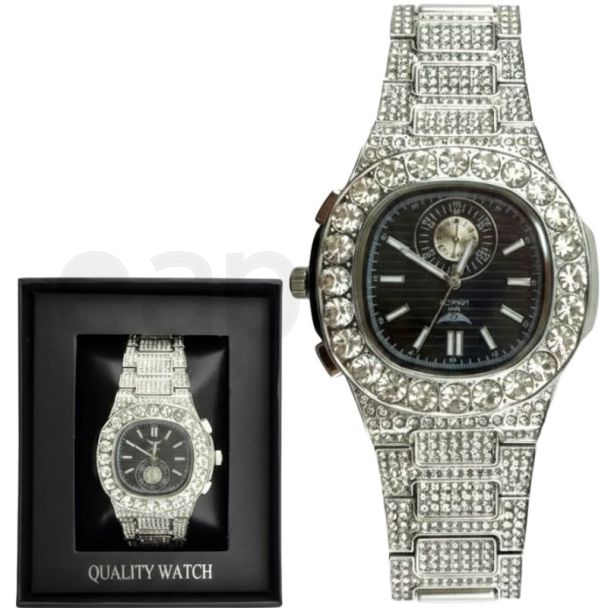 Men's NY London Round Diamond Metal Bracelet Watch - Silver/Black