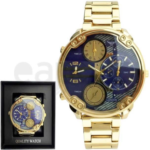 Men's NY London Round Metal Bracelet Watch - Gold/Blue