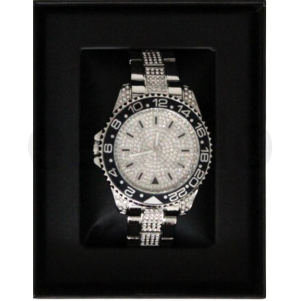 Men's NY London Round Metal Strap Watch With Diamonds - Silver/Black