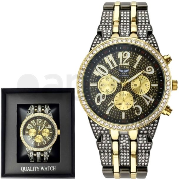 Men's NY London Round Metal Bracelet With Diamonds Watch - Gun/Gold