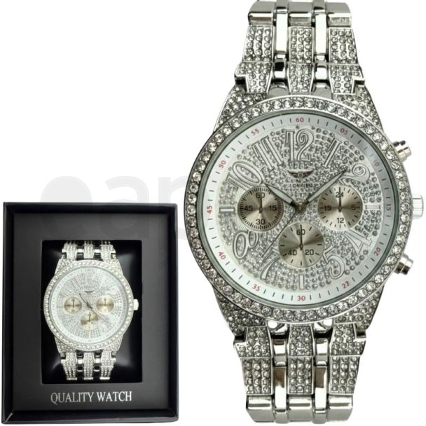 Men's NY London Round Metal Bracelet With Diamonds Watch - Silver