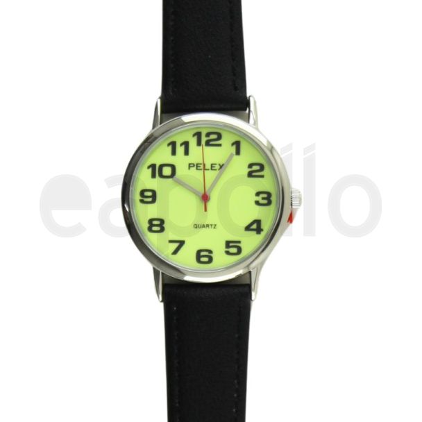 Men's Pelex Classic Glow in The Dark Round Dial Leather Strap Watch - Black & Silver