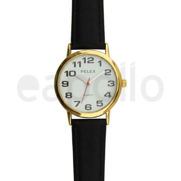 Men's Pelex Classic Round Dial Leather Strap Watch - Black & Gold