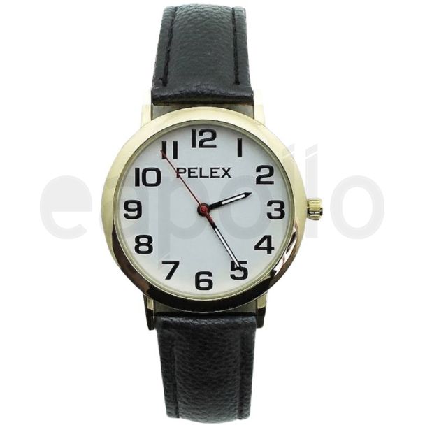 Men's Pelex Classic Round Dial Leather Strap Watch - Black & Gold