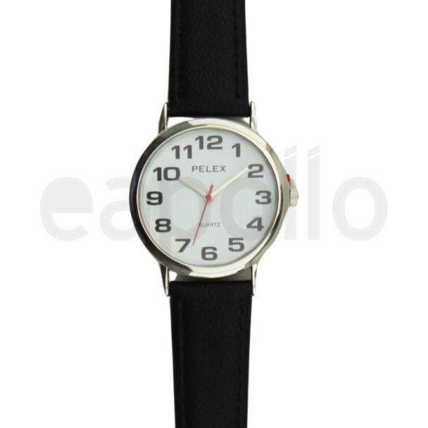 Men's Pelex Classic Round Dial Leather Strap Watch - Black & Silver