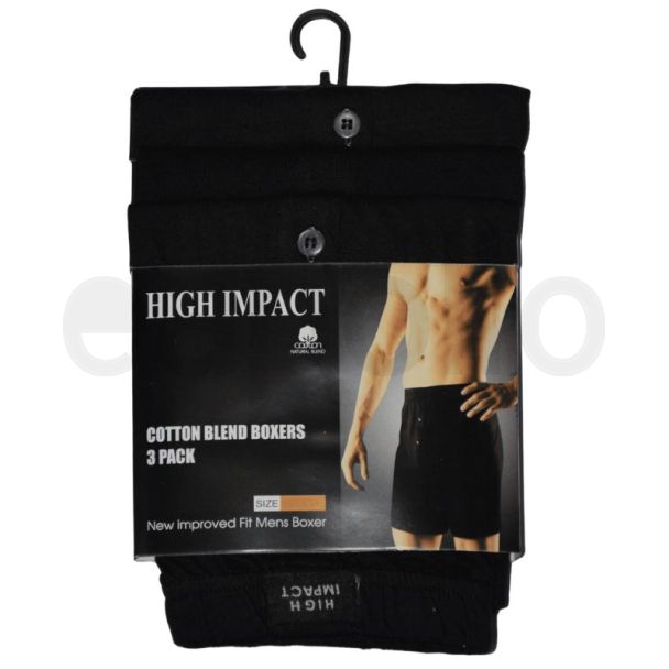 Men's Plain Cotton Blend Boxers (3 Pack) High Impact - Black 