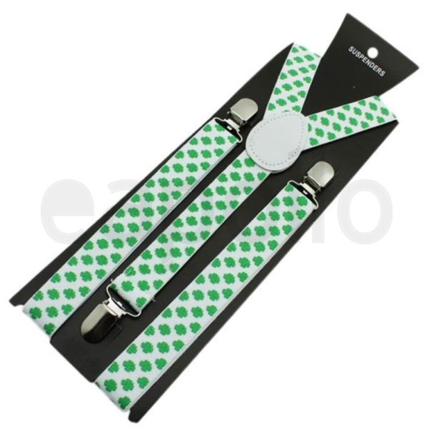 Mens Shamrock Printed Braces - White & Green