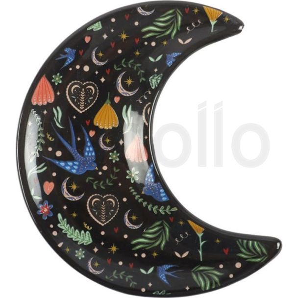 Midnight Bloom Crescent Moon Ceramic Trinket Dish