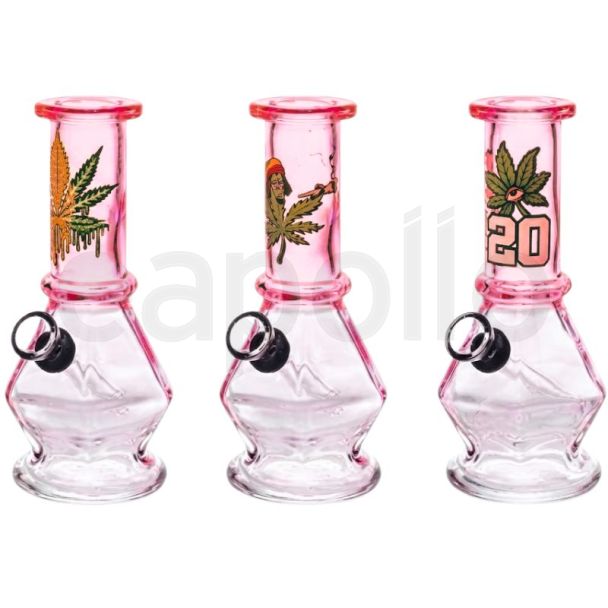 Mini Glass Water Pipe 'Clear & Pink'  With Assorted Stickers (6inch)