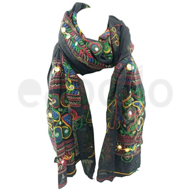Ladies Multi Colours  Embroidery Mirror Dupatta - Black