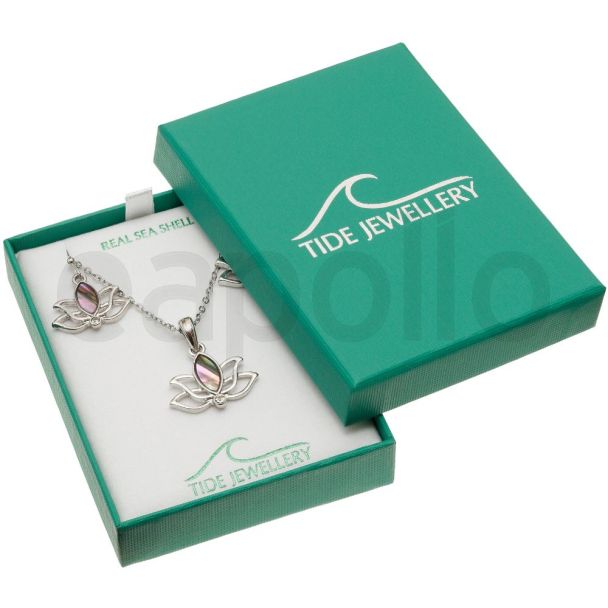 Natural Paua Shell Lotus Flower Pendant Necklace & Earrings Set