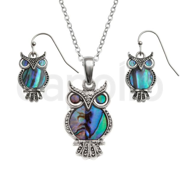 Natural Paua Shell Owl Pendant Necklace & Hook Earrings Set