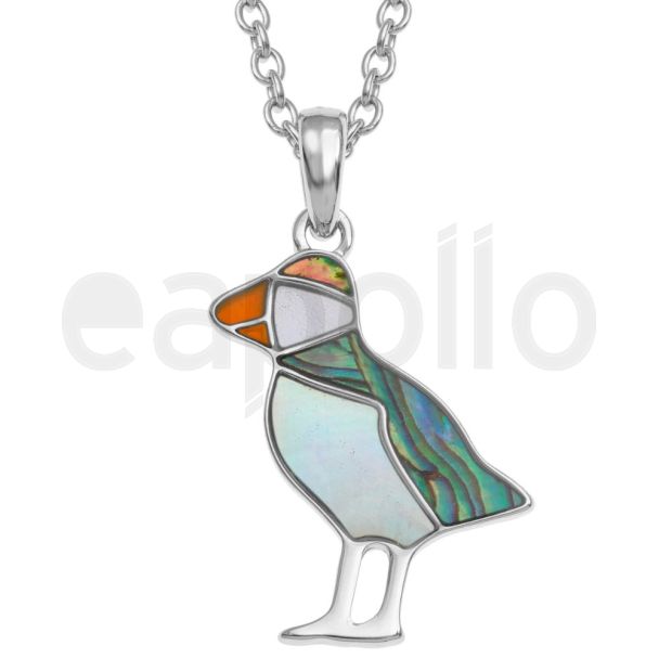 Natural Paua Shell Puffin Pendant Necklace