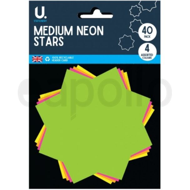 Neon Star Shapes Assorted Colours Medium– Pack of 40