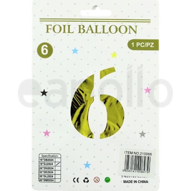 16" Number "6" Air filled Foil Balloon - Gold