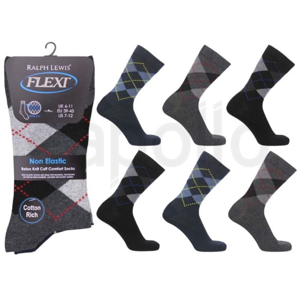 Men's Flexi Top Non Elastic Argyle Design Socks - Assorted