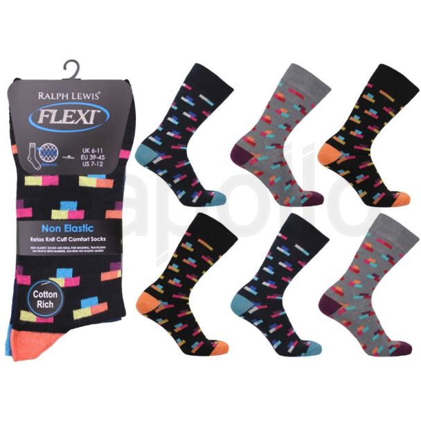 Men's Flexi Top Non Elastic Relax Knit Cuff Comfort Socks - Assorted