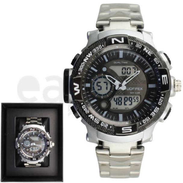 NY London Men's Quamer Digital Metal Bracelet Watch - Silver/Black