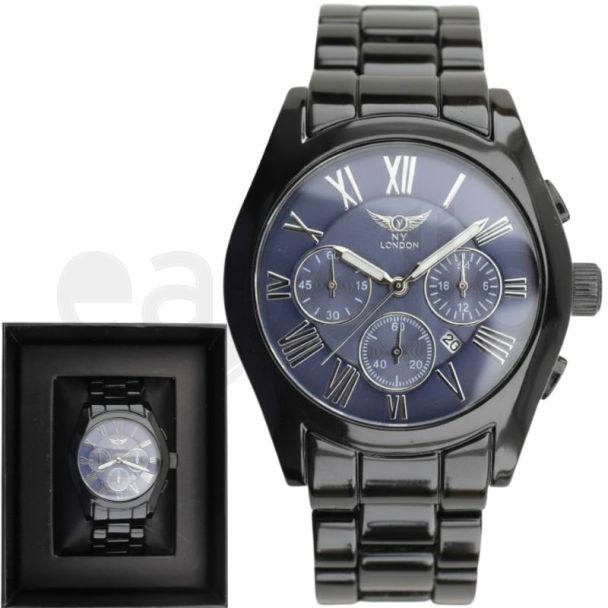 NY London Men's Round Metal Bracelet Watch - Gun/Blue