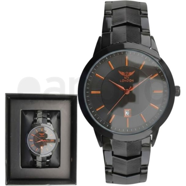 NY London Men's Round Metal Bracelet Watch - Gun/Orange 