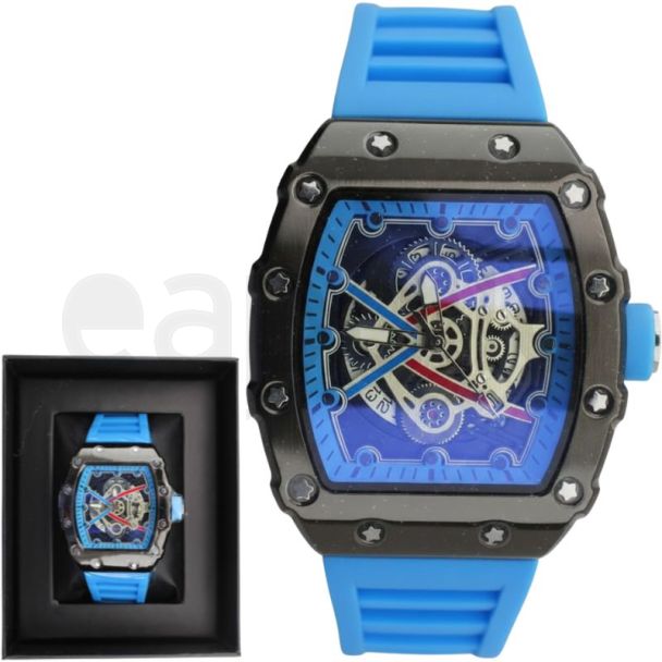 NY London Men's Skeleton Solid Watch With Silicone Strap - Blue