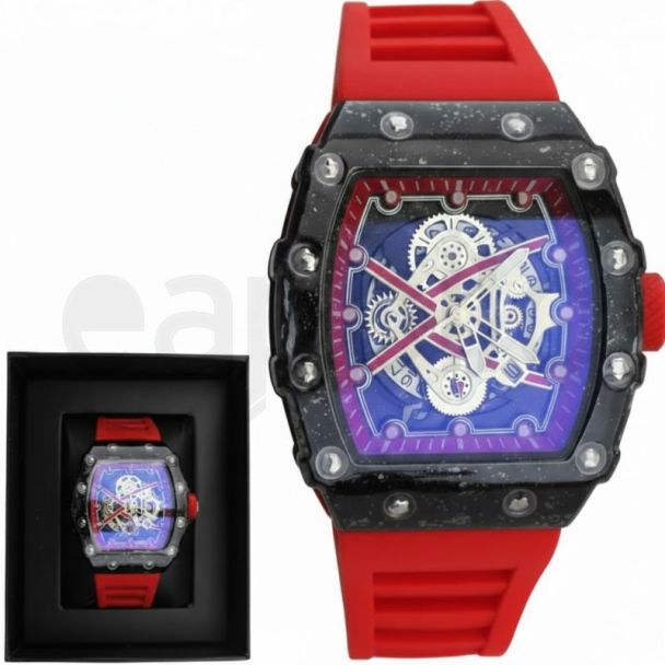 Men's NY London Skeleton Solid Watch With Silicone Strap - Red