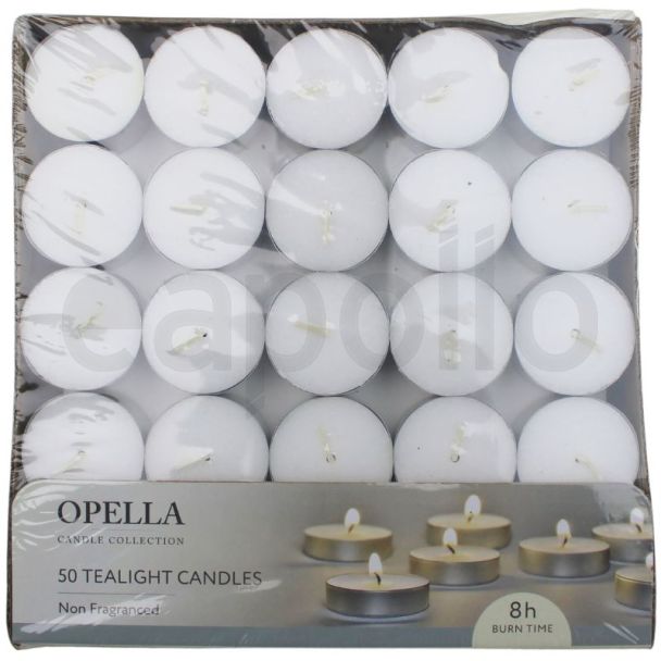 Opella Tealight Candles – 8 Hours Burn Time (Pack of 50)