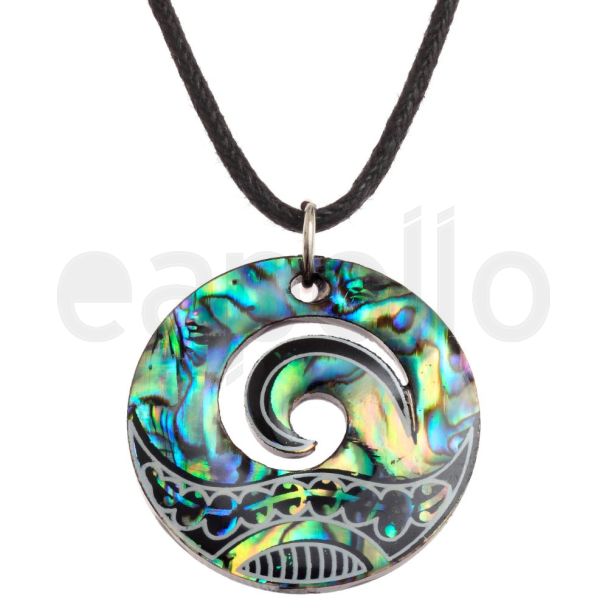 Paua Shell Maori Koru Fern Pendant Corded Necklace