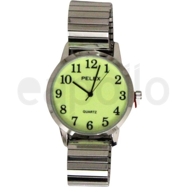 Pelex Ladies Round Glow In The Dark Metal Expander Strap Watch - White & Silver