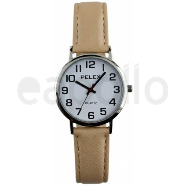 Pelex Unisex Classic Round Dial Leather Strap Watch - Beige/Silver