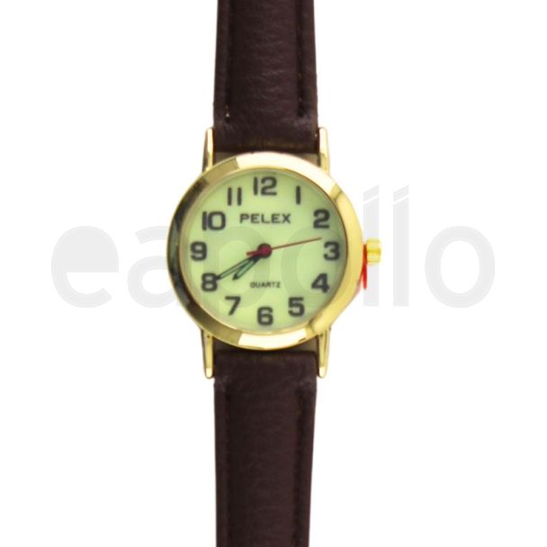 Pelex Unisex Round Leather Strap Watch - Glow in The Dark/Gold/ Brown