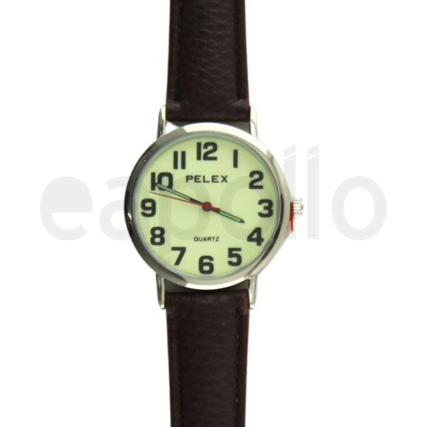 Pelex Unisex Round Leather Strap Watch - Glow in The Dark/Silver/ Brown