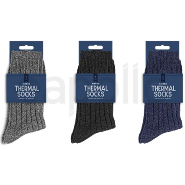 Men's Plain Ribbed Thermal Socks with Wool -Assorted Colour 