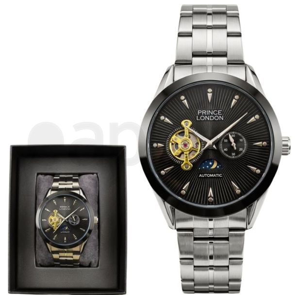 Prince Men's Automatic Watch With Metal Bracelet - Silver & Black (D2)