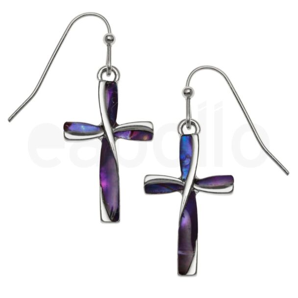 Purple Paua Shell Cross Hook Earrings