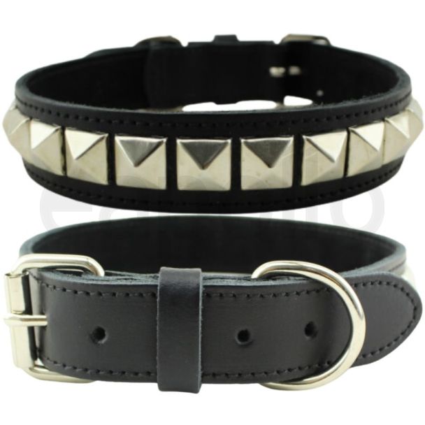 Pyramid Staffordshire Bull Terrier Leather Collar-Black(22-25'')