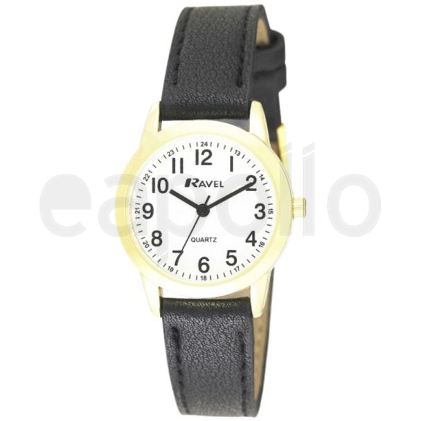 Ravel Ladies Classic Faux Leather Strap Watch-Black/Gold