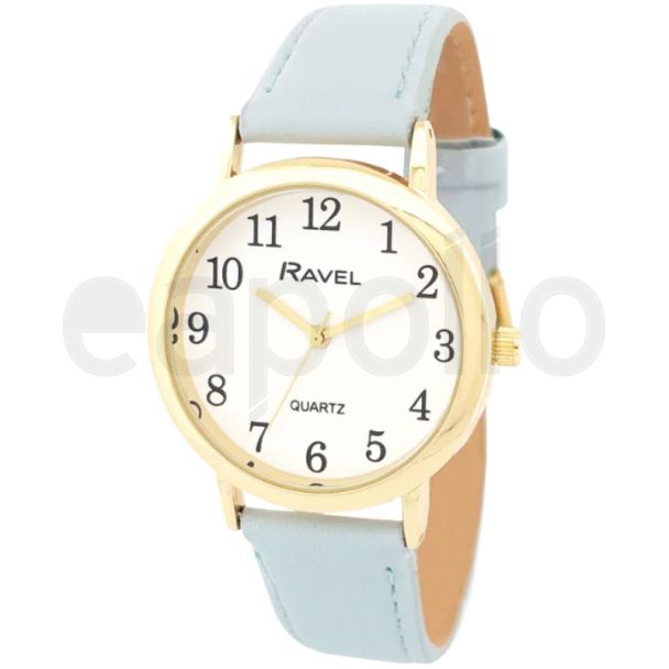 Ravel Ladies Medium Faux Leather Strap Watch - Sky Blue/Gold