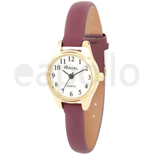 Ravel Ladies Petite Leather Strap Watch - Plum/Gold