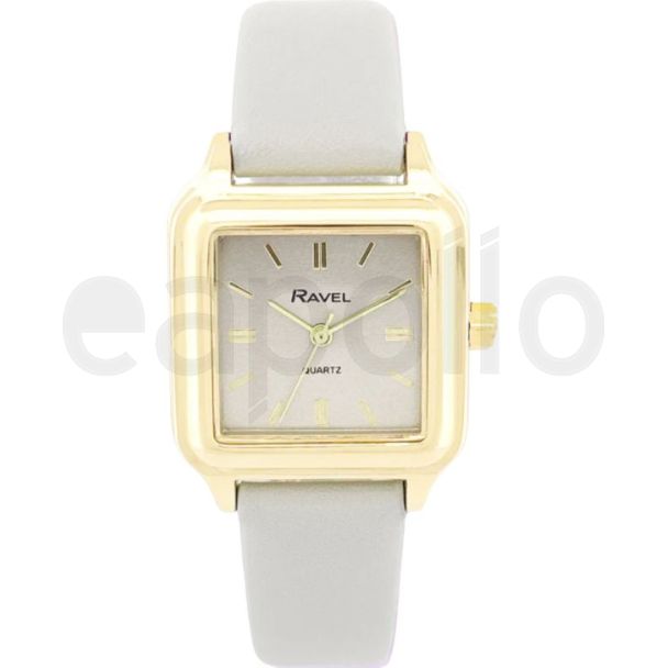 Ravel Ladies Square Leather Strap Watch - Grey/Gold