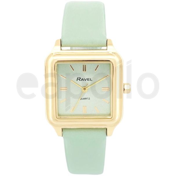 Ravel Ladies Square Leather Strap Watch - Pastel Green/Gold