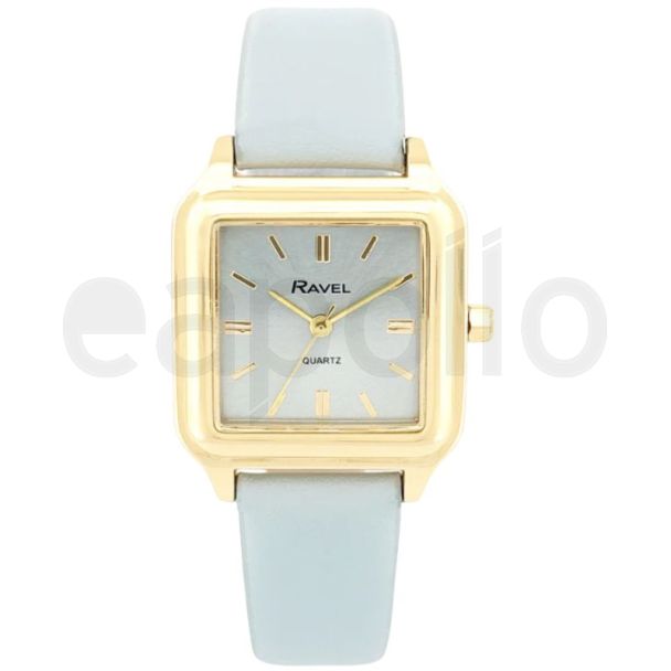 Ravel Ladies Square Leather Strap Watch - Sky Blue/Gold