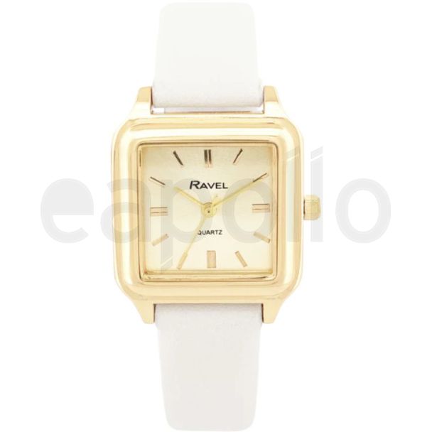 Ravel Ladies Square Leather Strap Watch - White/Gold