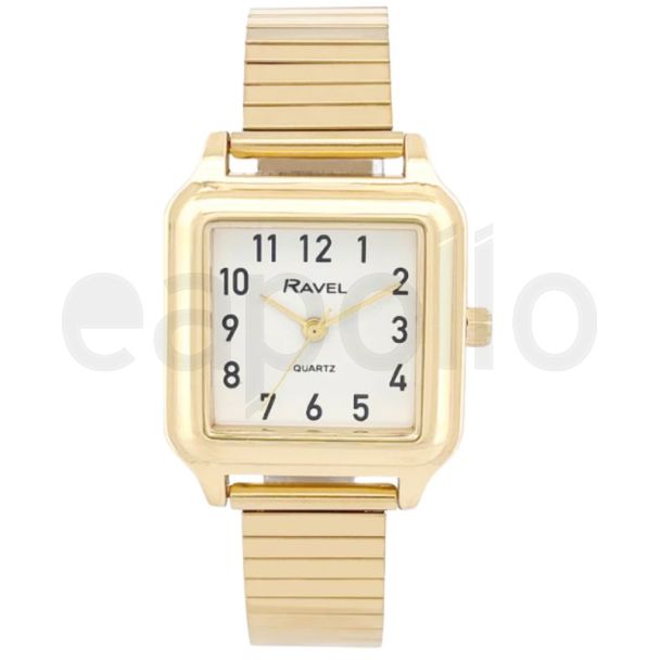 Ravel Ladies Square Stainless Steel Expander Watch - Gold/White