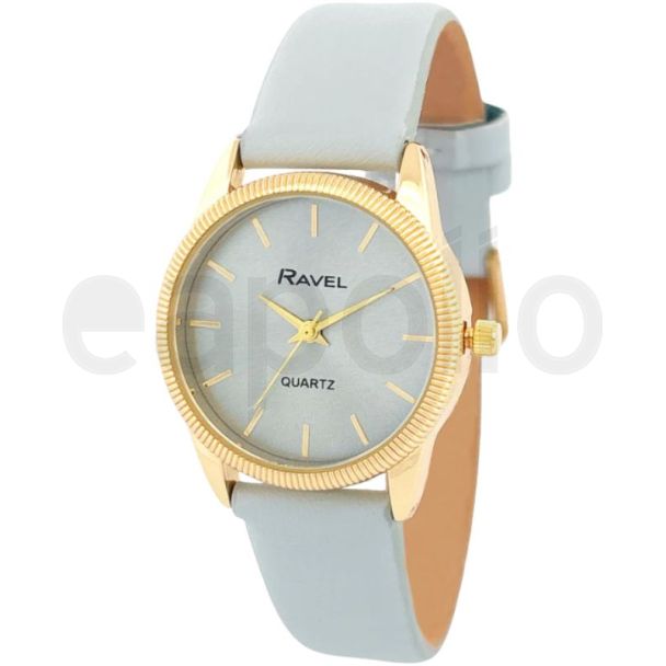 Ravel Ladies Textured Case Leather Strap Watch - Sky Blue/Gold