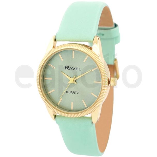 Ravel Ladies Textured Case Leather Strap Watch - Pastel Green/Gold