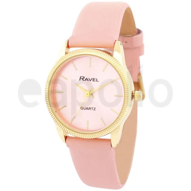 Ravel Ladies Textured Case Leather Strap Watch - Pink/Gold