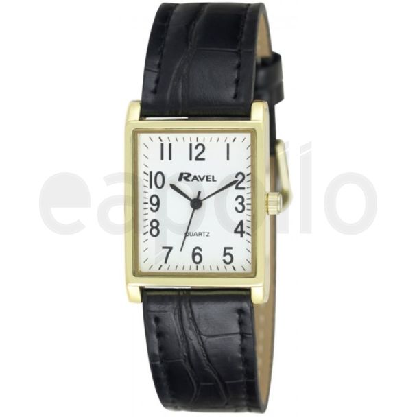 Ravel Men's Classic Cracked Leather Strap Watch - Black & Gold